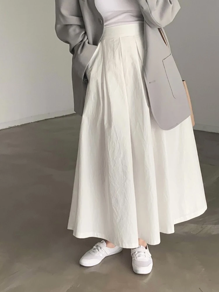 White A-Line Midi Skirt Women's Spring 2024 New High Waist Knee-Length Cover Hip Skirts Korean Sle Pure Color Dres