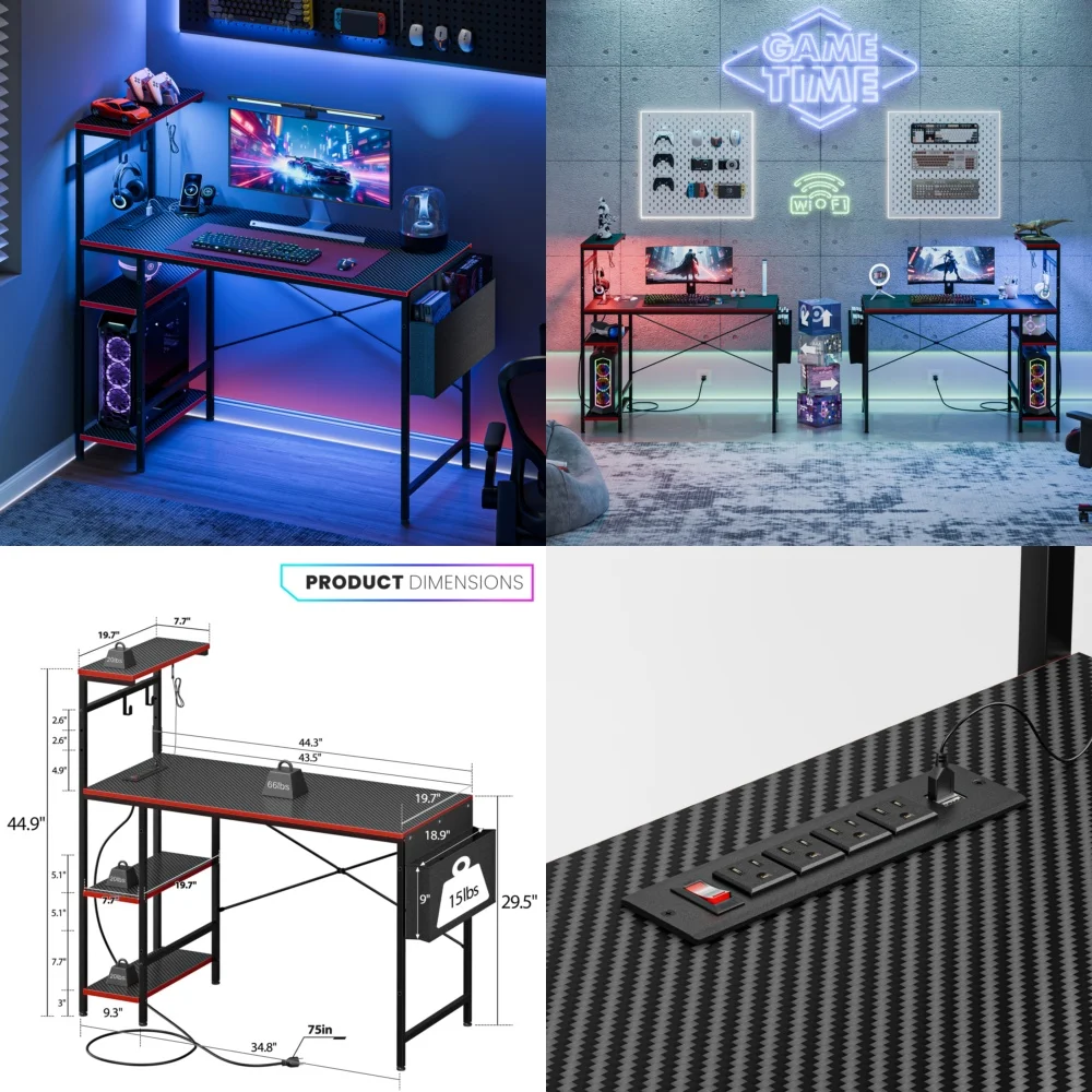 

Computer DesksGaming Desk 44 Inch with LED Lighting Power Outlet and Storage Shelves for Computer