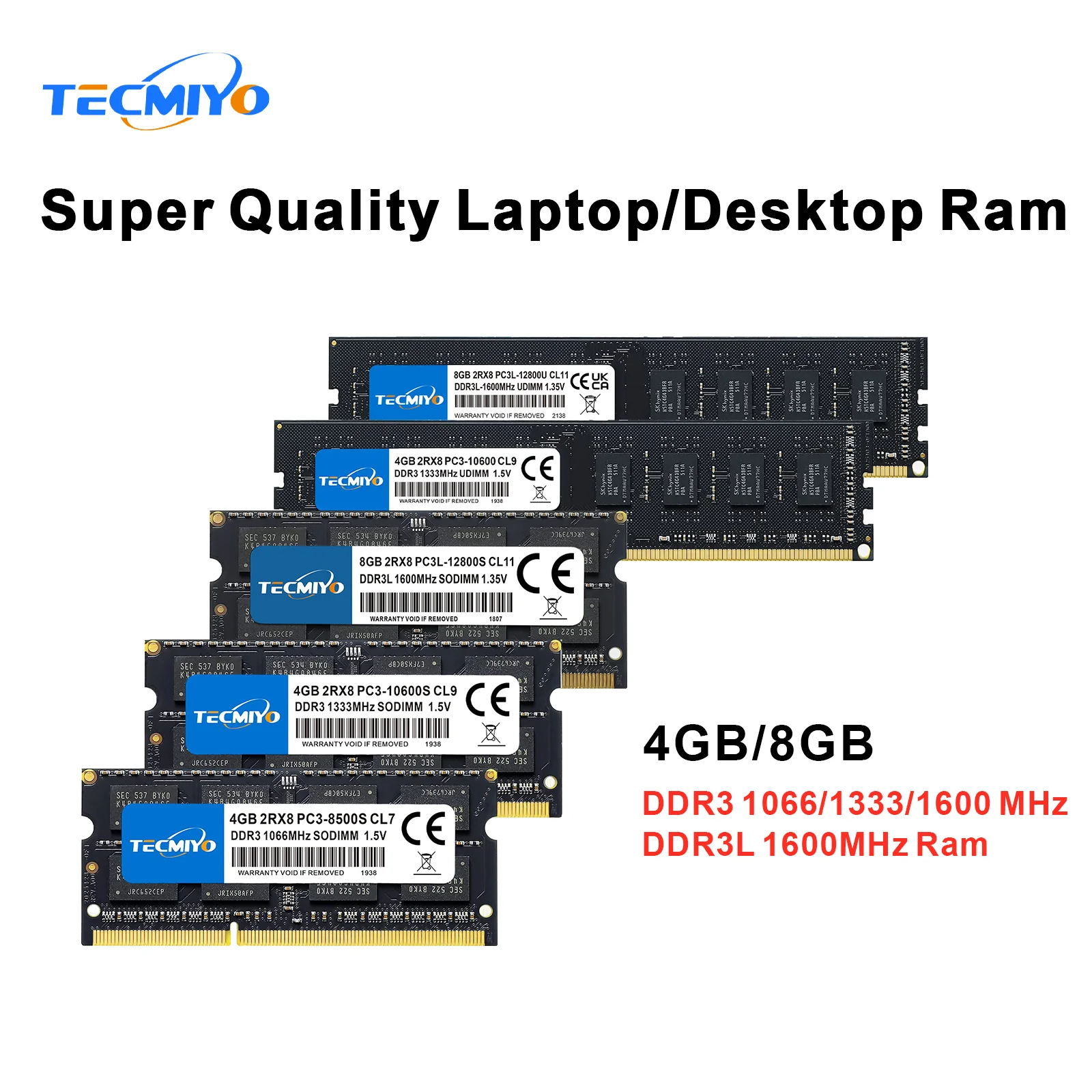 TECMIbalance 4 Go 8 Go DDR3 DDR3L 1600MHz Ordinateur Portable/Mémoire De Bureau RAM 1.35V/1.5V PC3/PC3L-12800 PC3-10600 PC3-8500 Non-ECC -1PC Noir