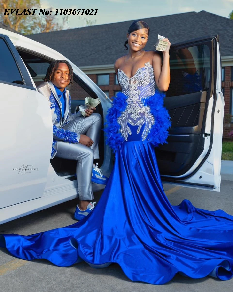 EVLAST Customized Royal Blue Feather Mermaid Prom Dress For Black Girls Silver Diamonds Beaded Party Gown Vestidos De Fiesta P98