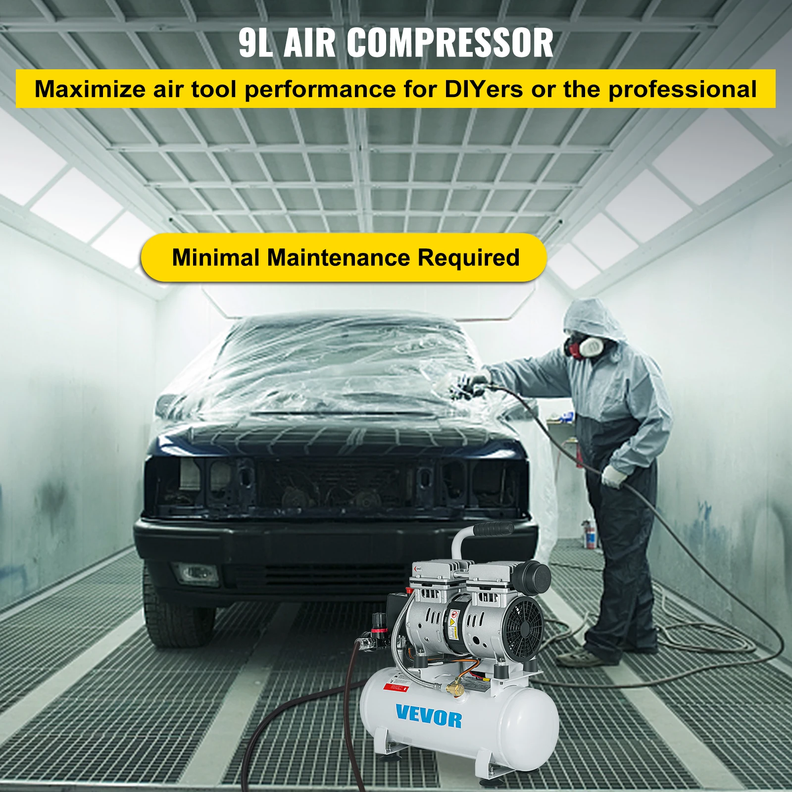 

SIHAO 9L 2-галонный воздушный компрессор Безмасляный воздушный компрессор Тихий портативный компрессорный насос для авторемонта накачивания шин