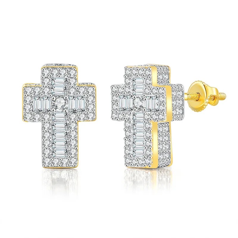 Chenrui Hip Hop New 3D Cross Women's Earrings Color Separation Zircon European and American Jewelry Accessories