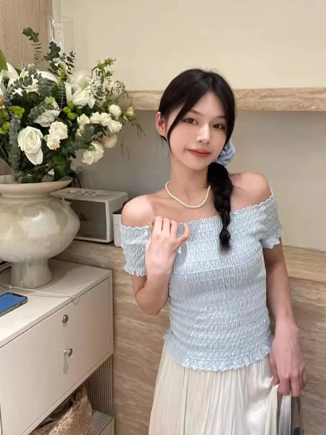 Sweet Wave Ruffle Short Sleeve Knitted Top Waist Cinching Short Length Polyester Fiber Soft Touch Spring Summer Fashion