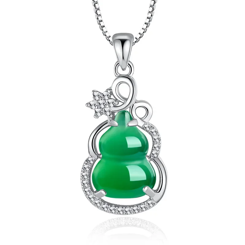 

Natural Green Jade Chalcedony Gourd Agate Pendant 925 Silver Necklace Chinese Carved Fashion Charm Jewelry Amulet for Women Gift