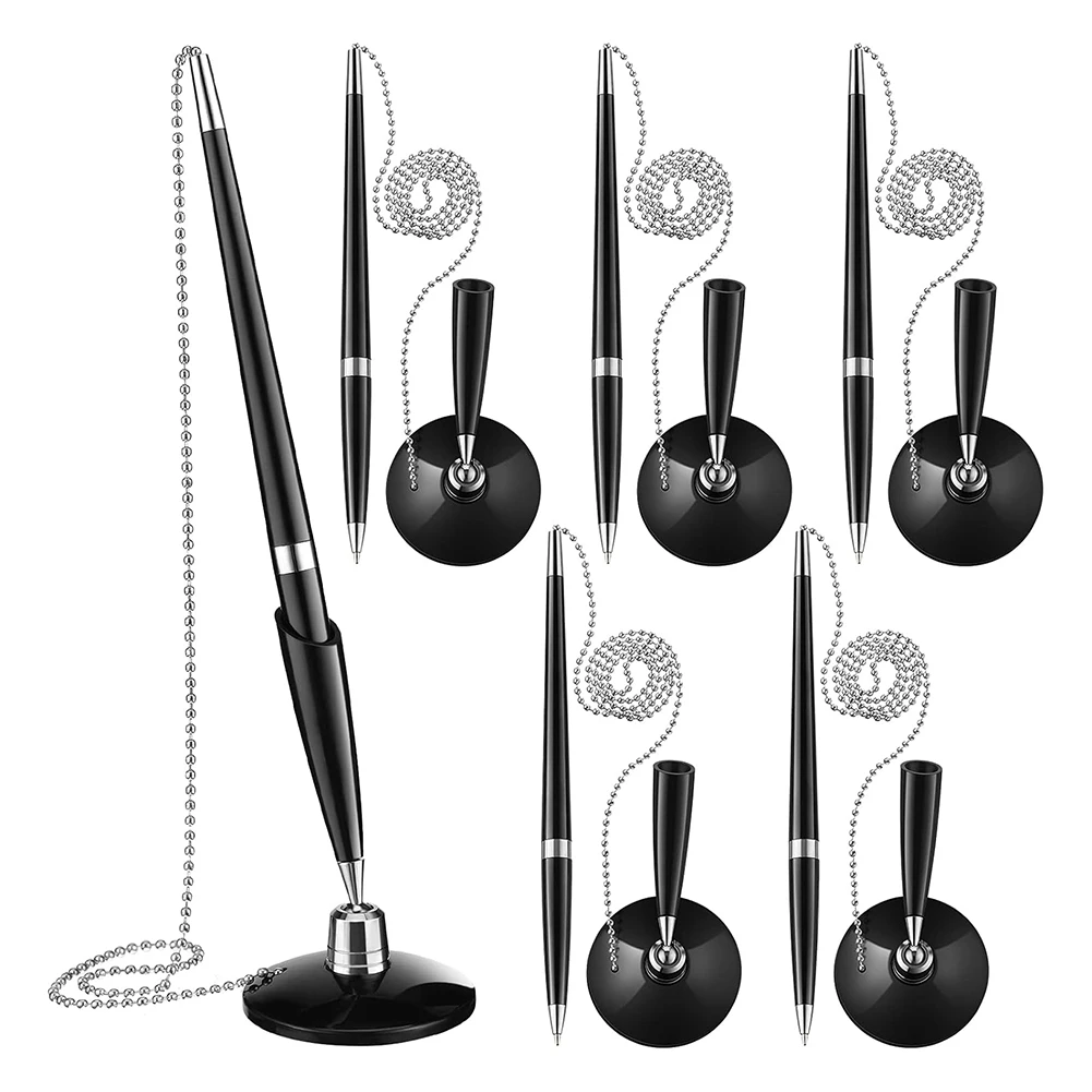 AT82-6 Pieces Secure Pen With Chain With Adhesive Chain And Base Black Ink For Reception Office Bank Work