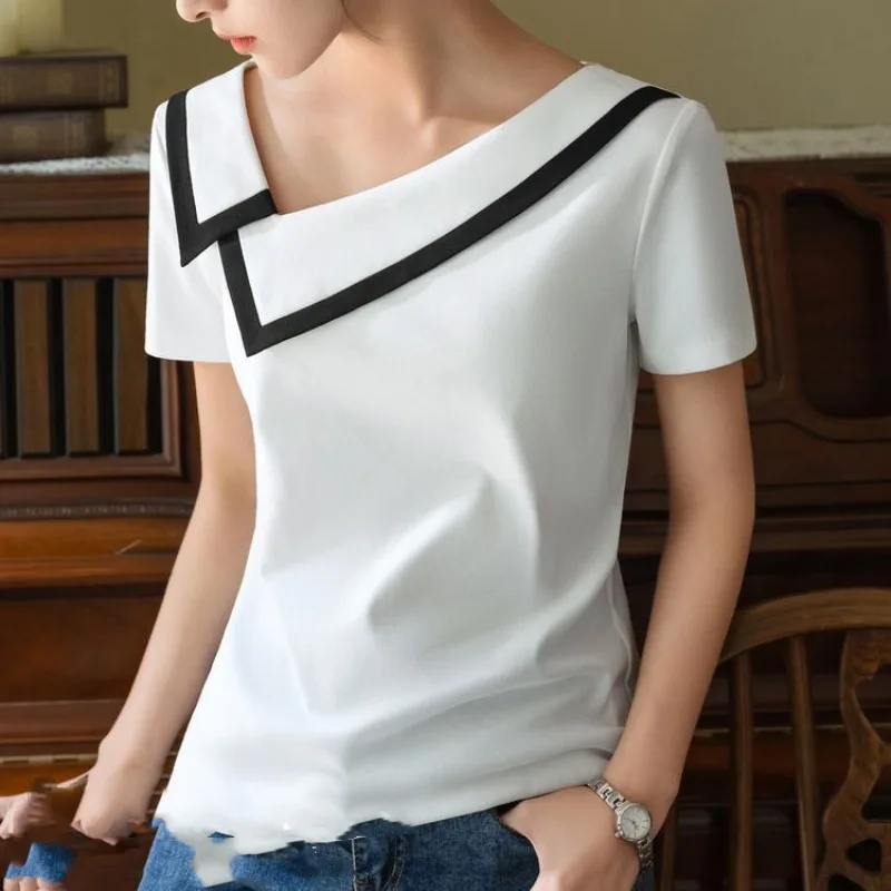 Women\'s Clothing Solid Color Summer New Korean Minimalist Commute Skiw Collar Spliced Slim Short Sleeve Pullover T-shirts Tops