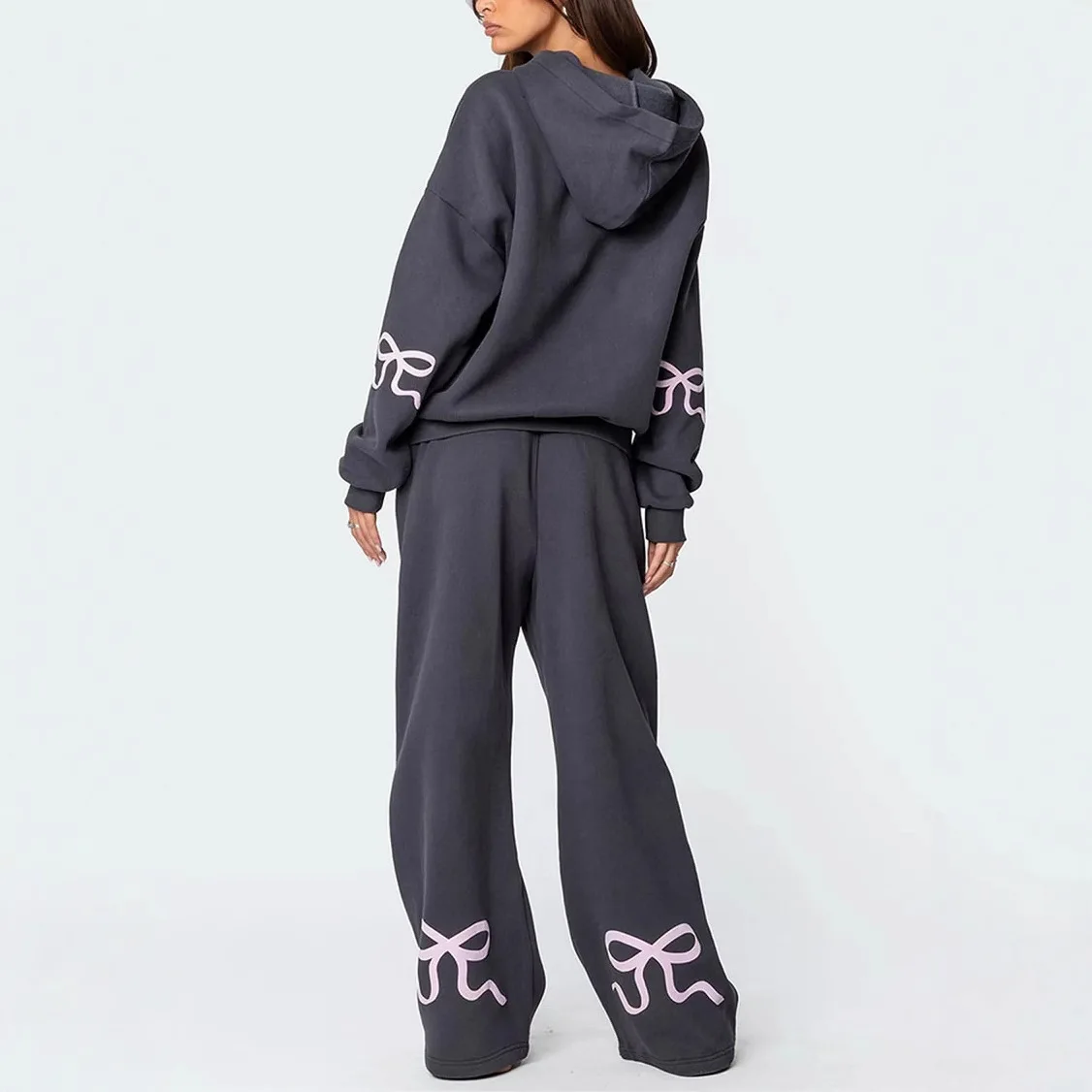 Women's Dark Gray Bow Decor Hoodie & Wide Leg Pants 2 Piece Set Sweet Cool Casual Outfits 2026