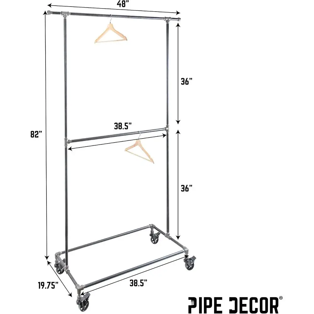 39” x 20 ¼” x 82” Rolling Steel Pipe Double Rod Clothing Rack, Commercial or Residential Industrial Clothes Display, Heavy Duty