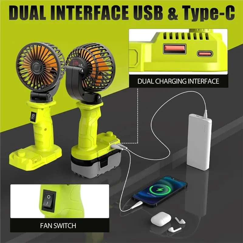 Foldable Electric Fan For Ryobi 18V Li- Battery USB And Type C