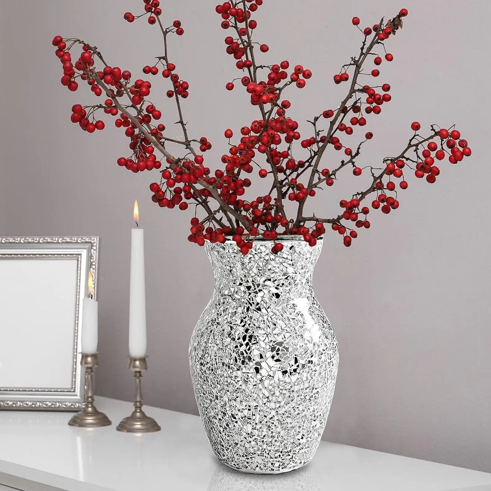 Mosaic Glass Vase Silver Handmade Modern Decorative Vase Centerpiece for Home Living Room Bedroom