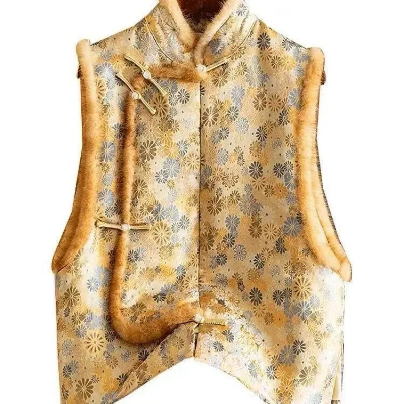 

Новинка 2023 года, зимняя жаккардовая шелковая жилетка с воротником-стойкой, женская кашемировая куртка без рукавов в китайском стиле, жилет на пуговицах в виде лягушки, пальто