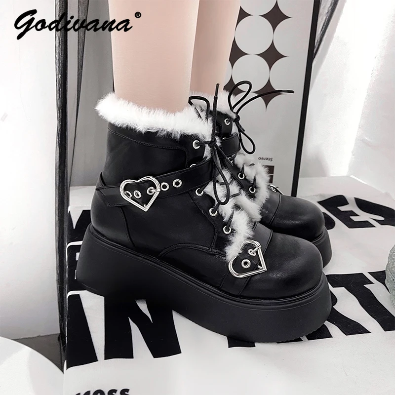 Bottes de neige Lolita originales pour femmes, bottes courtes en coton, plate-forme chaude, rinçage épaissi, sourire, nouveau, hiver