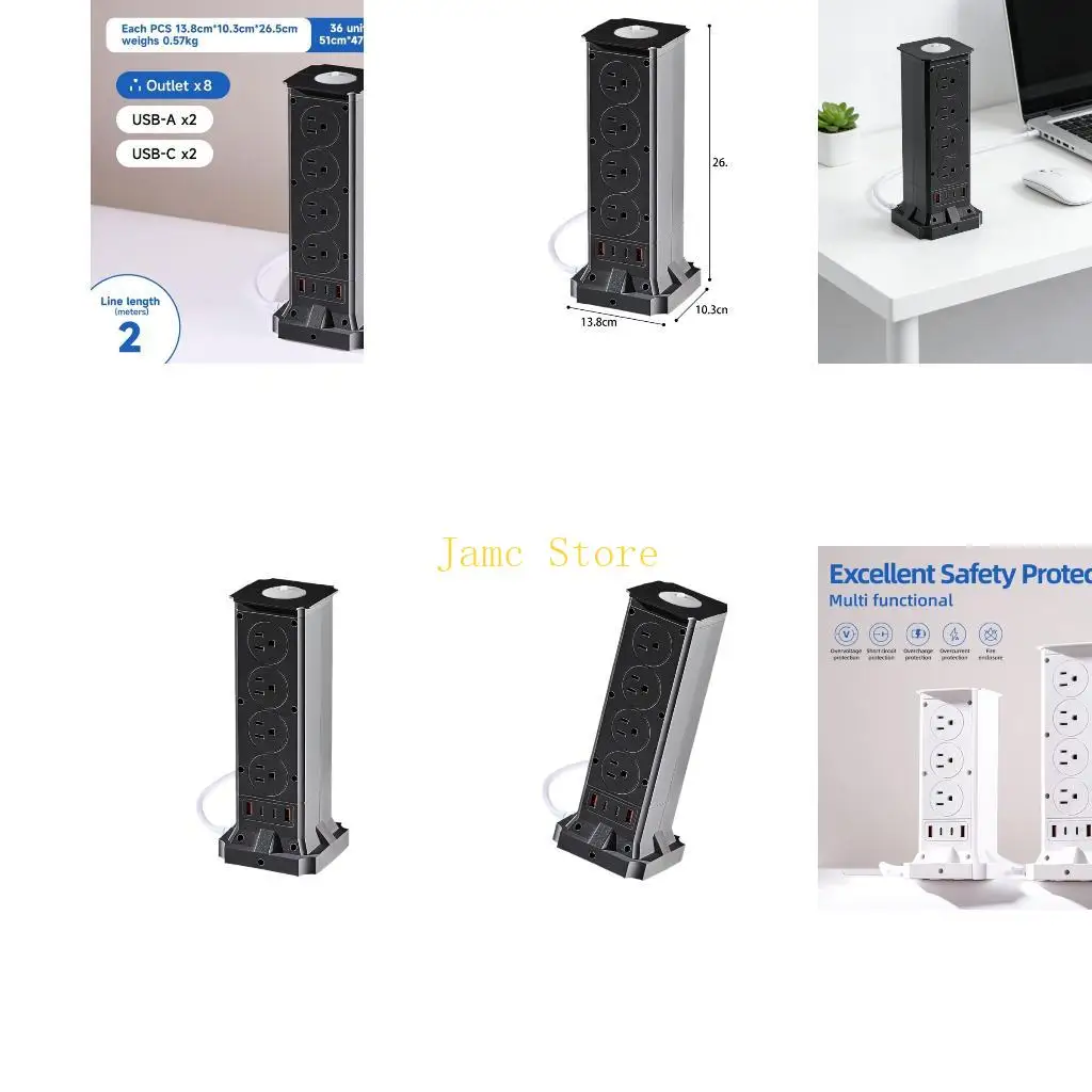 LX0B Vertical Power Strips with 8 Outlets Small Design Outlet Tower for Home and Office Space Saving Plastic Construction