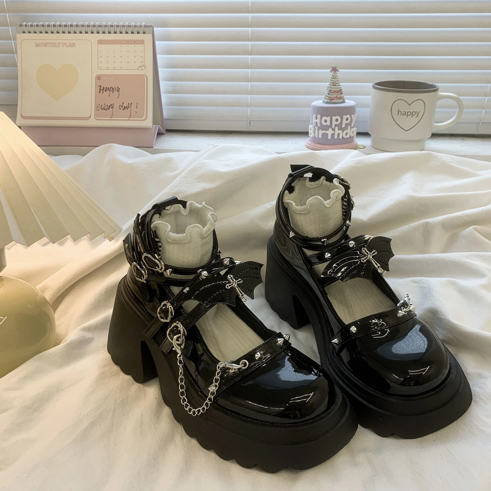 حار فتاة الظلام نمط الخفافيش تصميم Y2K ثقافة فرعية لوليتا الشرير مكتنزة عالية الكعب ماري جين أحذية من الجلد الصغيرة النساء #3