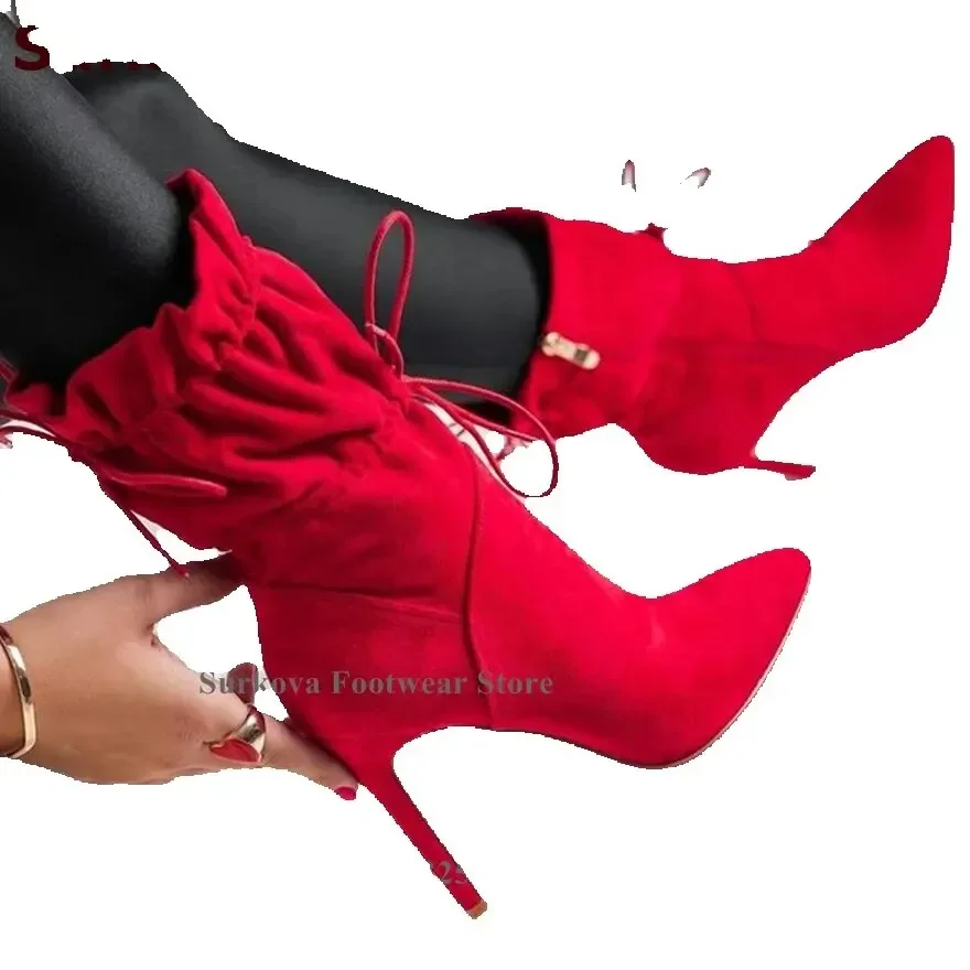 Surkova Red Suede Lace-up Ankle Boots Thin High Heel Pointed Toe Ruffle Pattern Booties Elegant Dress Shoes Wedding Size46 Pumps