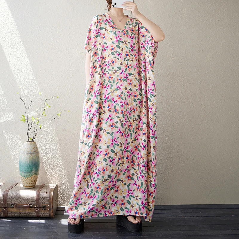 Damen V-Ausschnitt Blumendruck Schlankheitskünstlerisch Retro Vaion Long Dr Ultralange Robe Batwing Sves Bequeme weiche Baumwolle