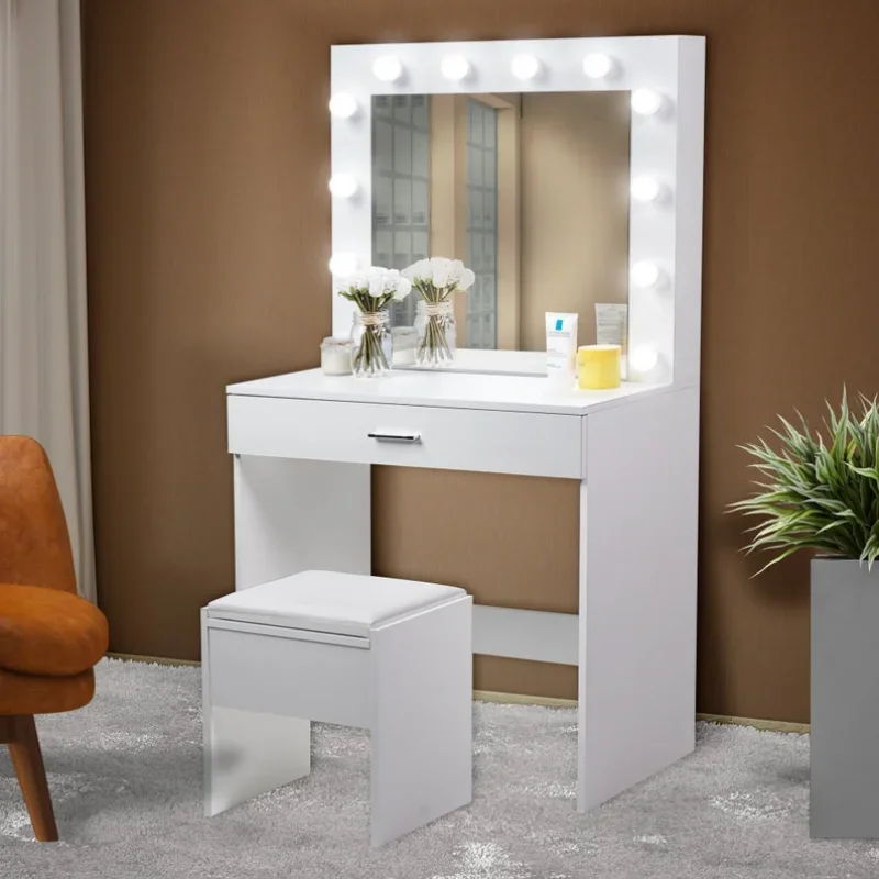

'Makeup Vanity With a Stool, White, with a Large Makeup Mirror and Warm Light