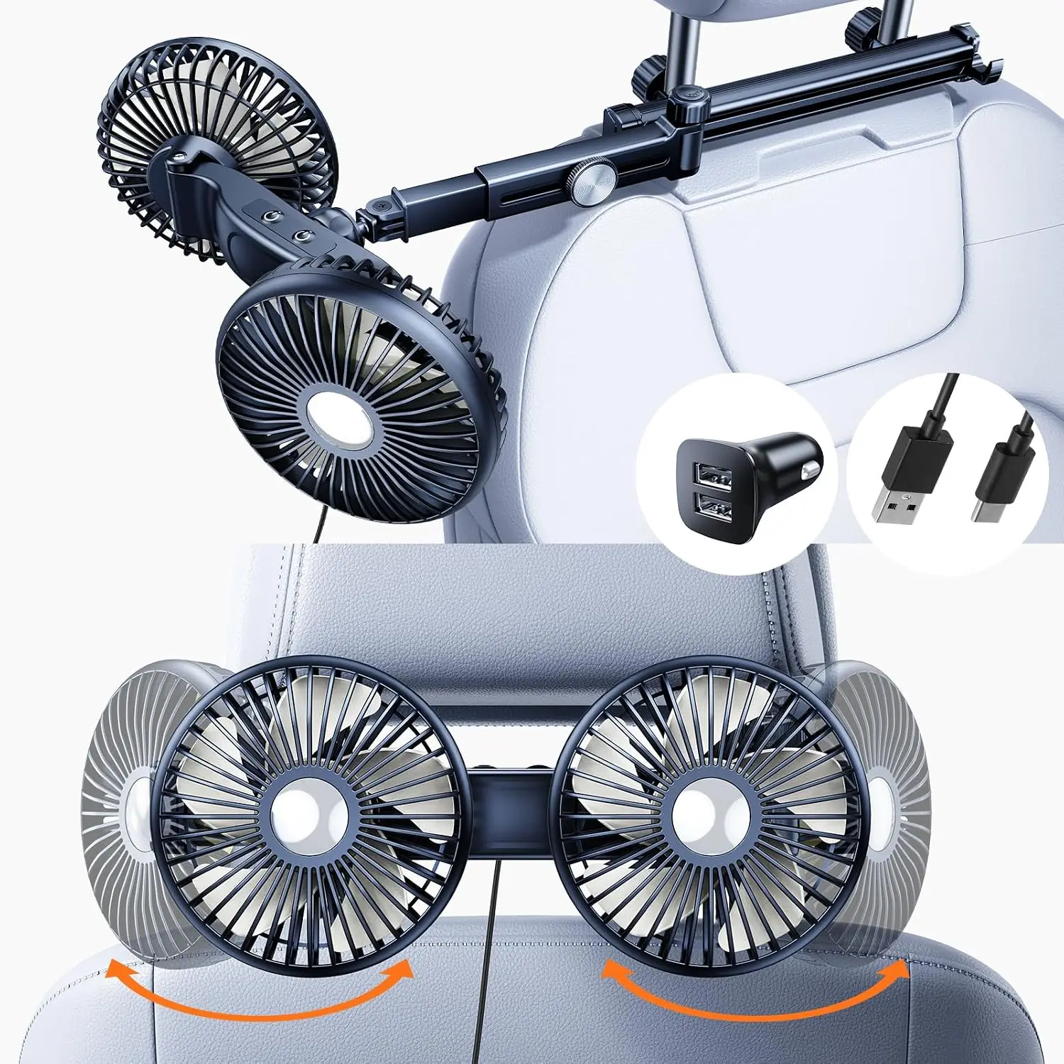 2026 New Upgrade Car Fan For Rear Seat With Extension Arm Foldable Bracket, Adjustable Dual Head USB Cooling Fans For Car Seat,