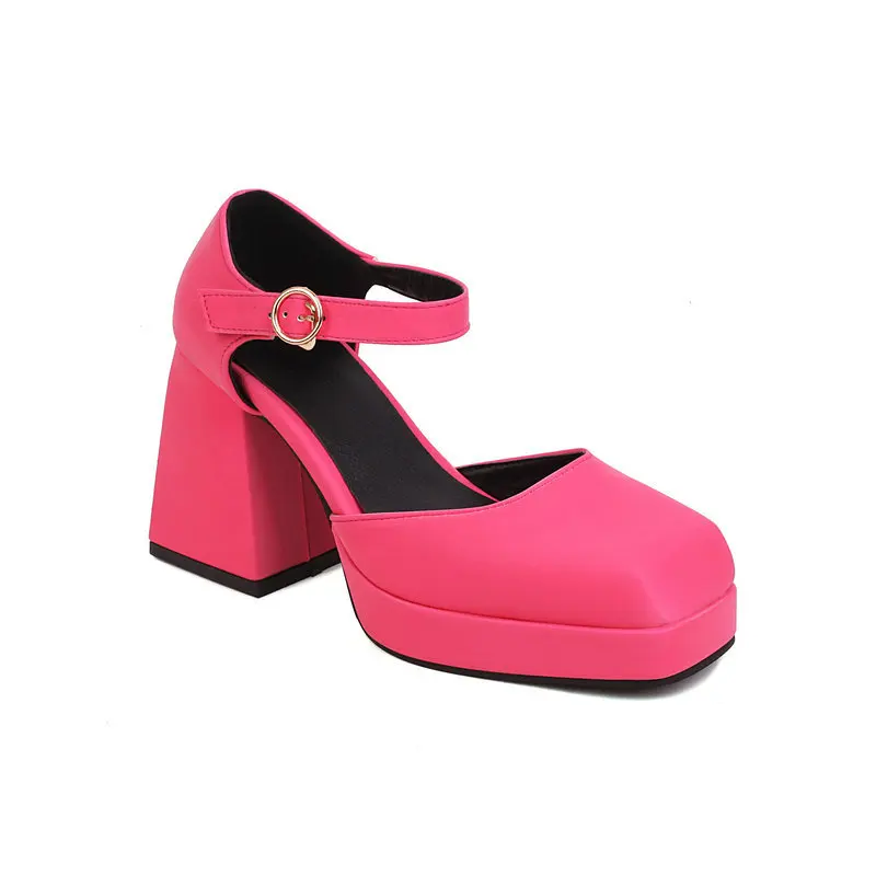 Baotou women\'s sandals shoes Spring and Autumn square toe small leather shoes Women\'s thick sole single shoes High heels Shallow