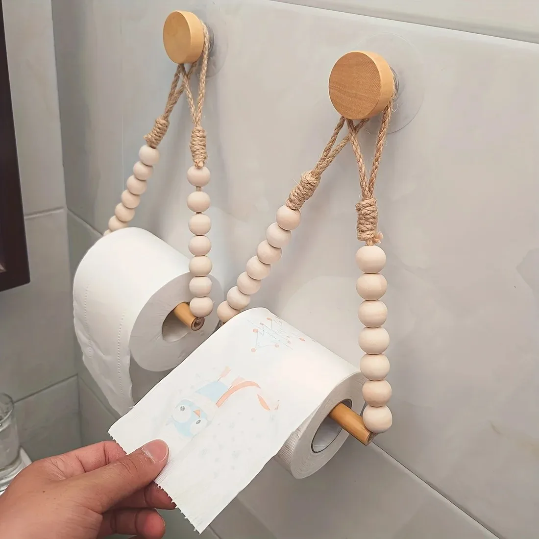 

Rustic Wood No-Drill Toilet Paper Holder with Jute Cord & Beads Adhesive Wall-Mounted Bathroom hardware Roll Paper organizer ﻿