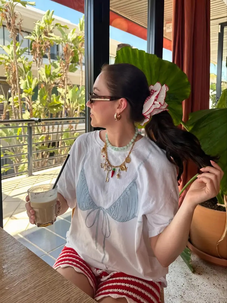 American Vintage Summer OOTD Bikini Print Spicy Girl ort Sve T-irt Women's Trendy Streetwear Oversize Cotton round Ne