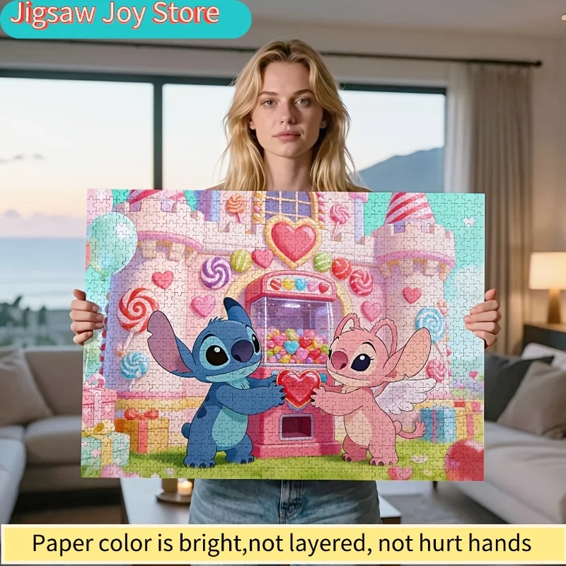 

2D Flat, 1000pcs Disney Stitch & Angel Jigsaw Puzzle with Lollipop Castle - Cute Stitch Couple, Heart Candy Pieces, & Activity