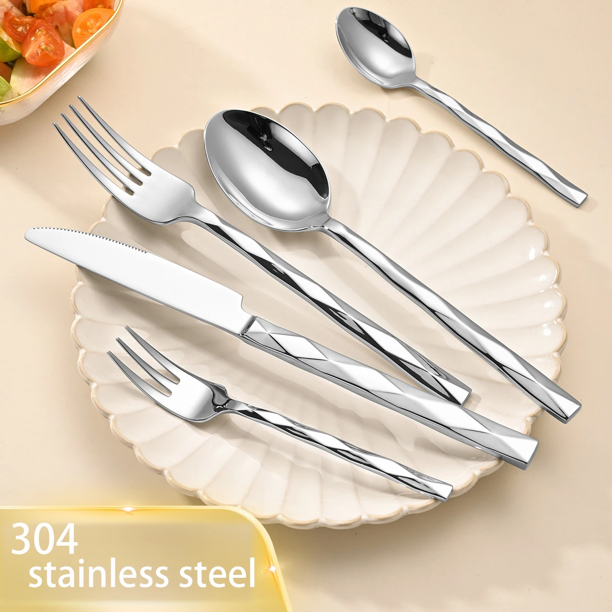 

304 stainless steel tableware set diamond-shaped thickening Western restaurant upscale knife, fork and spoon set