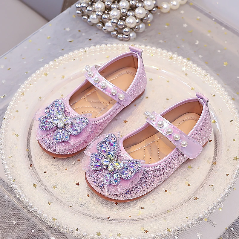 Mädchen Flache Schuhe Süße Schmetterling Runde Zehenpartie Kinder Lederschuhe Weiche Sohle 2026 Brandneue Kinder Prinzessinnen-Schuhe Glänzende Pailletten – Detail 5
