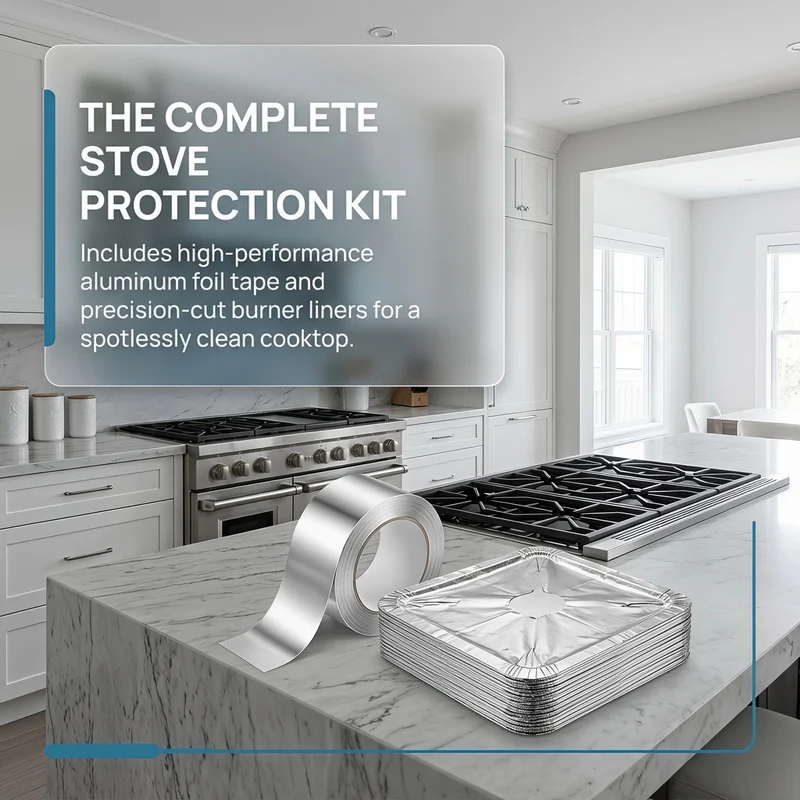 Complete stove protection set，Special aluminum foil pad for stove burner area + Used for sealing countertops‑Aluminum foil tape