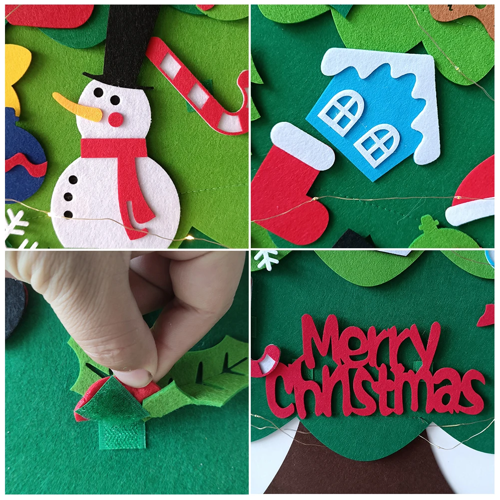 Felt Christmas Tree Set for Kids, ornamentos, String Light, DIY, Decorações para casa, presentes para crianças, 32 pcs