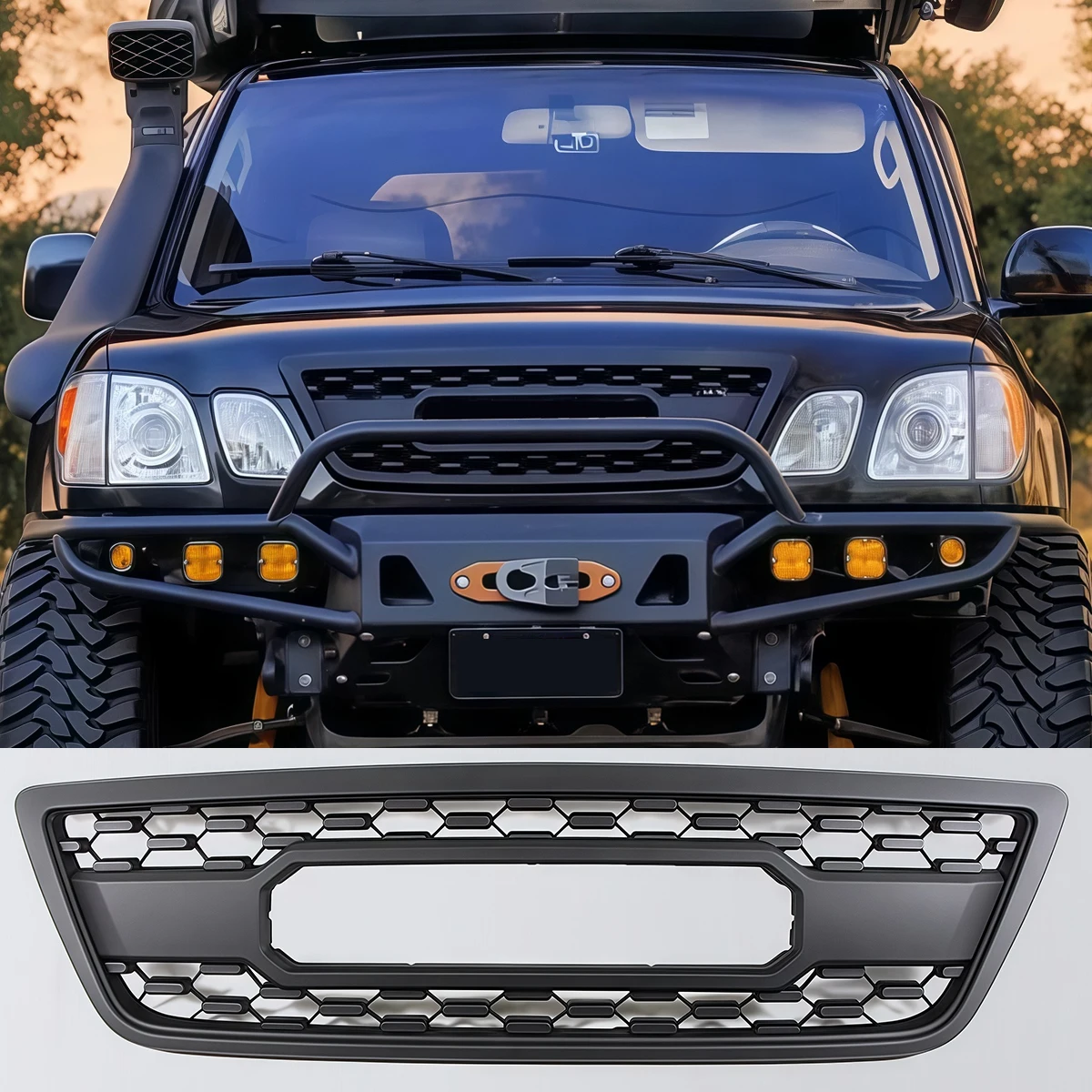 Front Grille Fit For Lexus LX470 1998-2002 / 2003-2007Matte Black Grill With LED Lights
