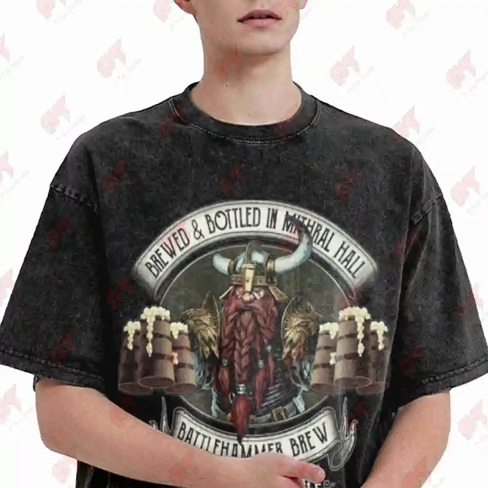 Dwarf Mithral Hall Battlehammer Bruenor Faerun Vintage Washed Tee Pure Cotton T-Shirt