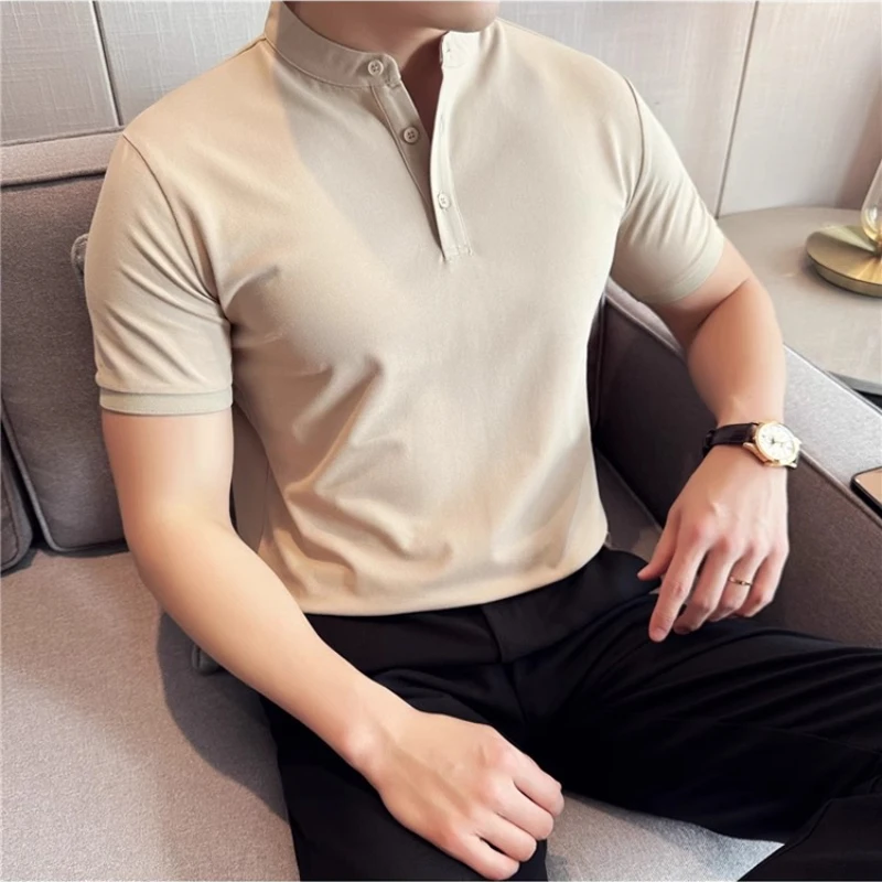 2025 New Men's Army Green Henley Polo Shirt – Summer Thin-style Breathable Short-Sleeve T-Shirt (Black/Beige/Gray, Sizes M-3XL)