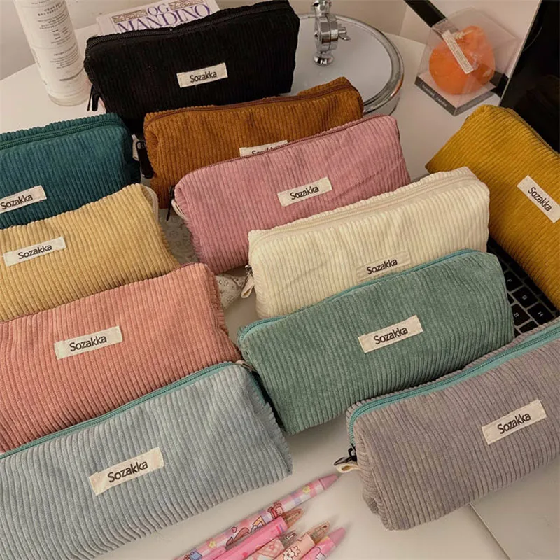 

Retro Corduroy Pencil Case Travel Cosmetic Lipstick Stationery Storage Bag Women Makeup Handbags Organizer Pouch Pencilcase Bags