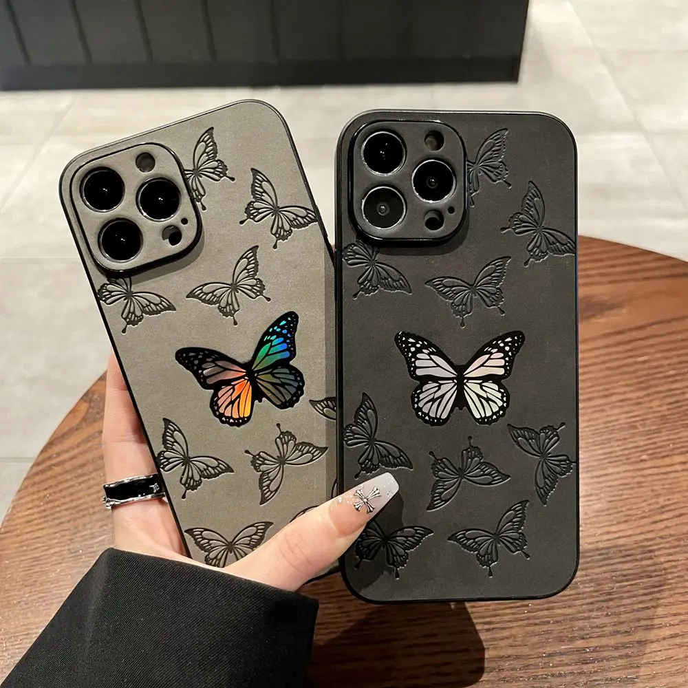 Butterfly Pattern Leather Texture Shockproof Case For iPhone 15 14 13 12 11 Pro Max XR X XS 7 8 Plus Lens Protection Soft Cover