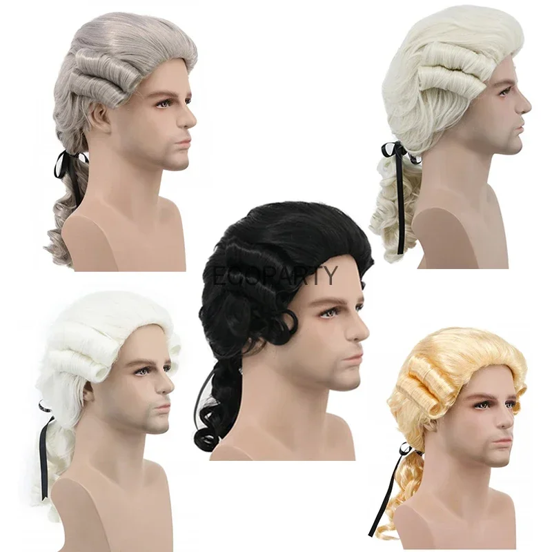Perruque bouclée baroque pour avocat, juge, cosplay, gris, blanc, noir, perruques de costume pour hommes, perruque synthétique longue historique de luxe pour Halloween 2022