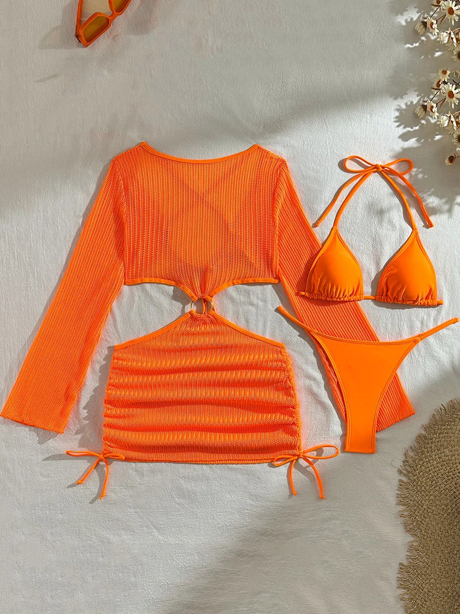 

Long Sleeve Mesh Cover-Up Mini Micro Bikini Female Swimsuit Women Swimwear Four-pieces Bikini Set Bathing Suit Swim Beach Wear