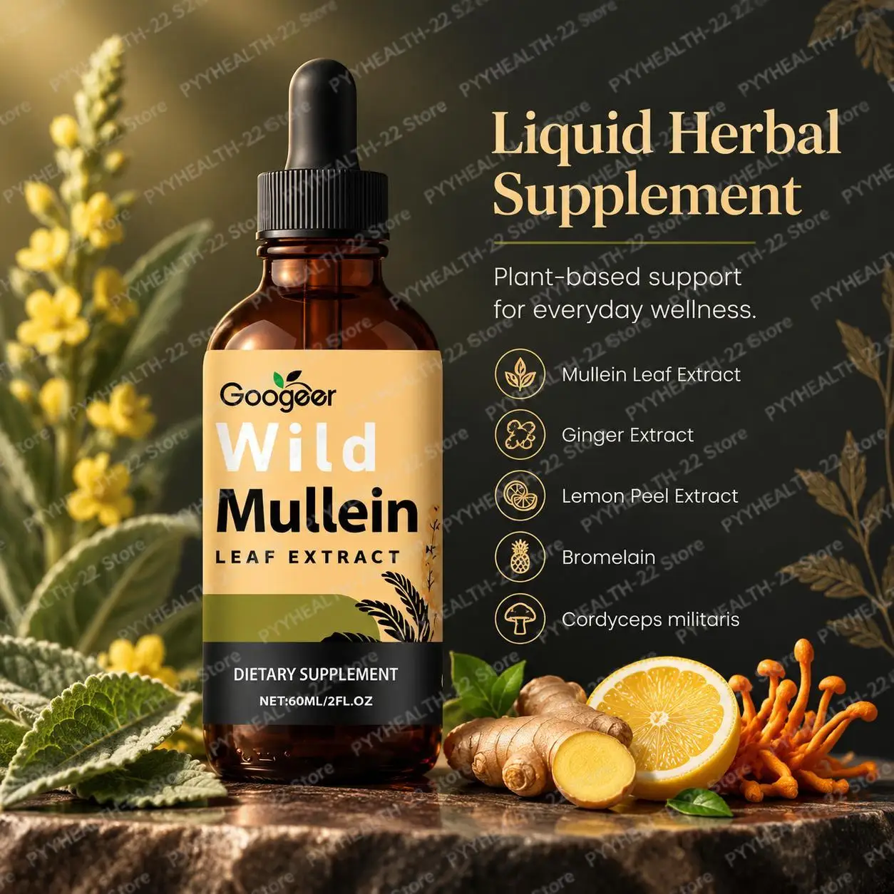 Wild Mullein Leaf Extract Drops, 1000mg Mullein Blend with Ginger Bromelain Cordyceps, Respiratory & Antioxidant Health, 60ML