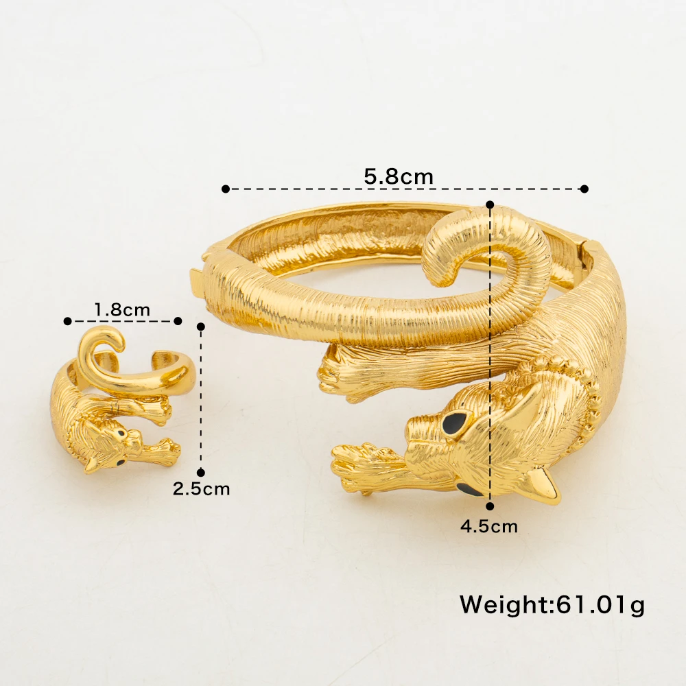 Dubai Gold Color Bangle with Ring Set for Party 18k Gold Color Hand Bangle Cocktail Ring Set for Engagement Jewelry Accessories