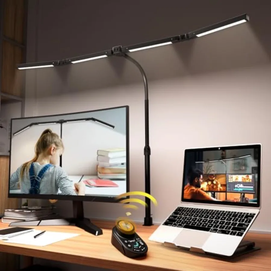 

Adjustable LED Desk Lamp with Clamp 4-Head Eye-Caring CRI95+ Desk Light Stepless Dimming and Color Temp Remote Control Flexible