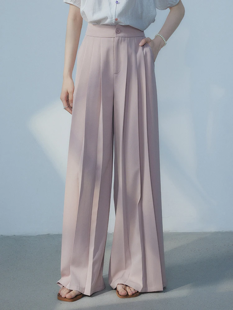 

Pure Color High Waist Drapey Straight Leg Pants Women's Loose Faion Casual Trousers Slimming Pleated Polyester Fiber