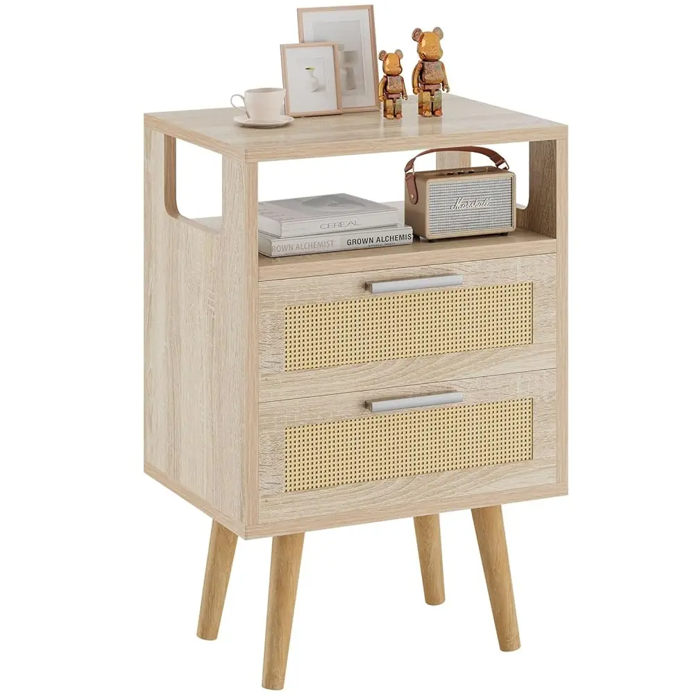 

Nightstand With 2 Drawers, Boho Side Table, Handmade Rattan Decorated, Open Shelf Unit With Arched Design, Solid Wood Legs,