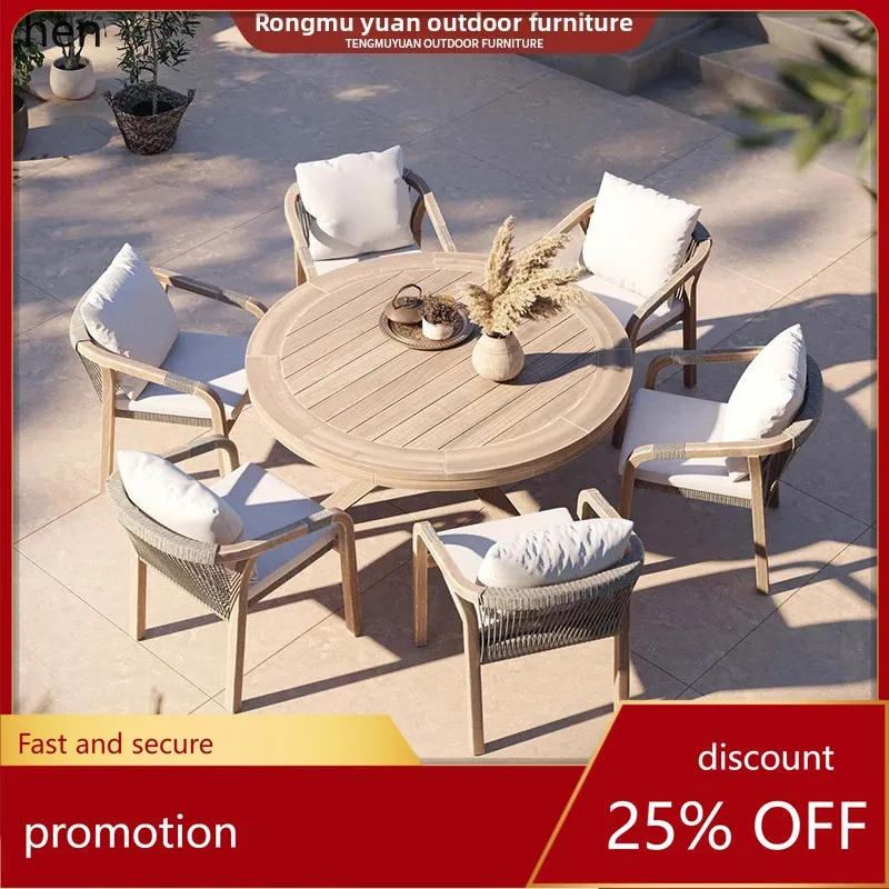 

HT Outdoor Teak Courtyard Balcony Rattan Chair Outdoor Open-Air Villa Yard Garden Rattan Woven Leisure Table and Chair Set