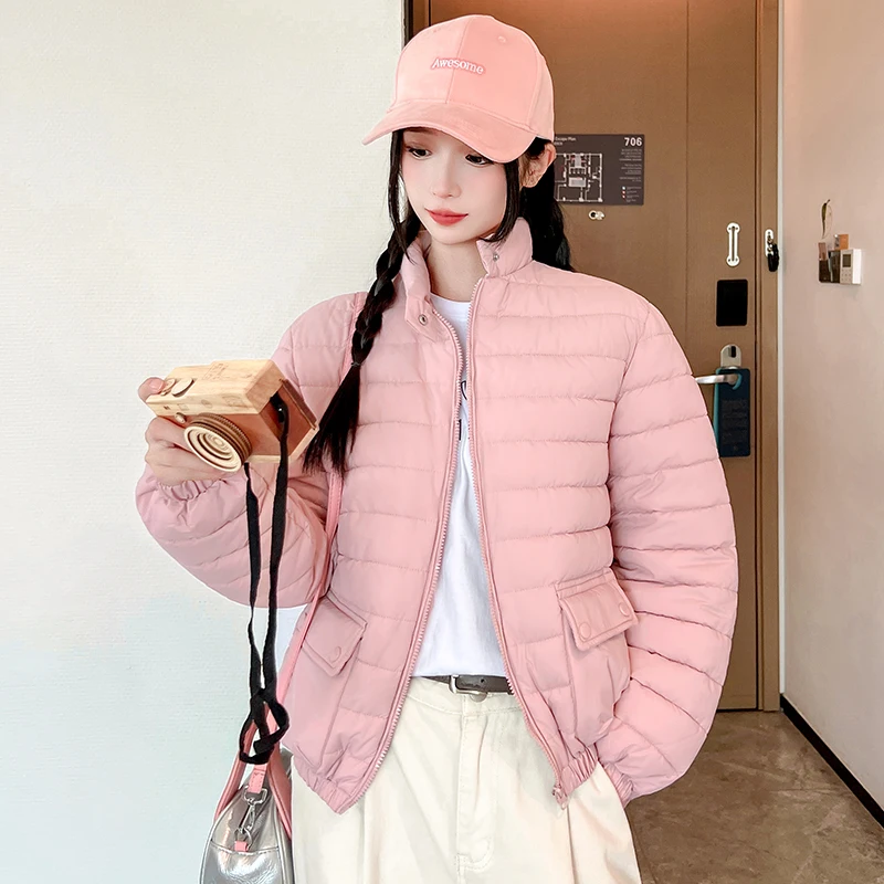 

Lightweight Puffer Cotton Jaet Women's Korean Sle Winter Coat Bread Design Casual Loose Fit Long Sve Zipper Closure