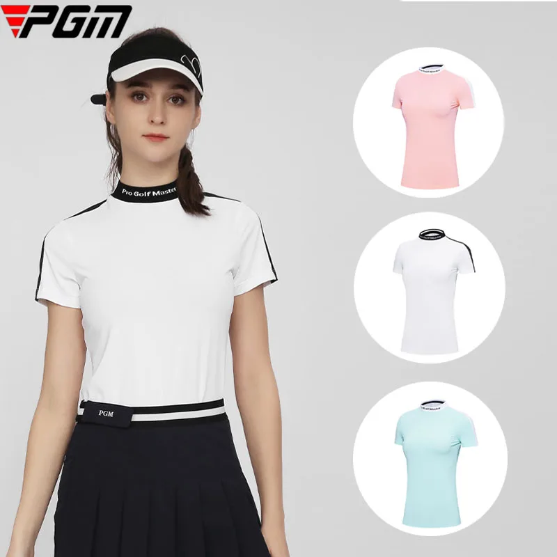 

PGM Summer Woman Patchwork T-shirts Ladies Stand Collar Golf Shirts Slim Outdoor Golf Wear Breathable Short Sleeve Sports Tops