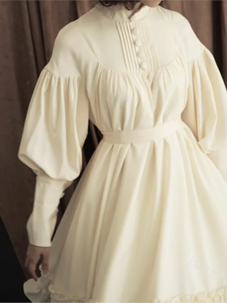 Foreign Style Woman's High Waist Dress Fashion Half-high Collar Solid Puffed Sleeves Midi Dresses Ladies Lace Splicing Vestidos