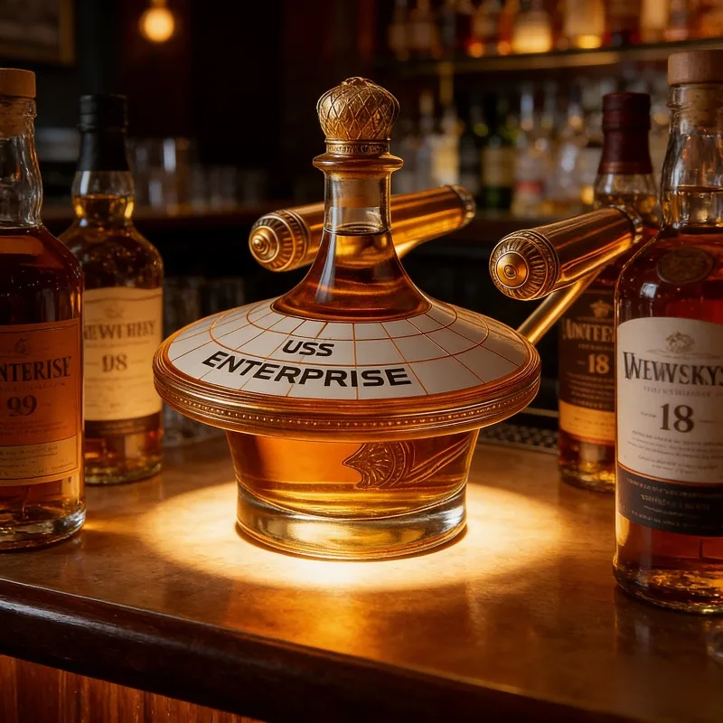 Handgefertigter Klarglas-Spaceship-Dekanter mit Goldkronendeckel, Dekorative Weinflasche für Whiskey, Bourbon, Bar-Gebrauch Star Trek