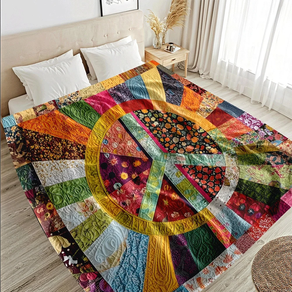 Custom Peace Sign Quilt Blanket Colorful Patchwork Floral Pattern Personalized Name Fleece Throw All Season Soft Warm Bedding