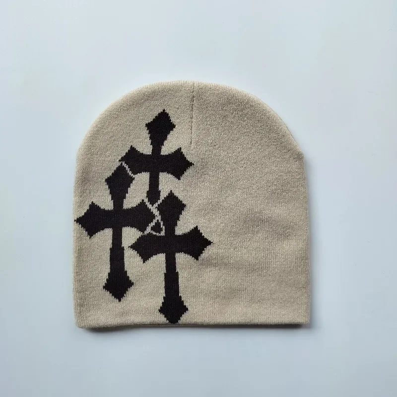 Y2K Knitted Crucifix Jacquard Beanies Women Men Popular Hip Hop