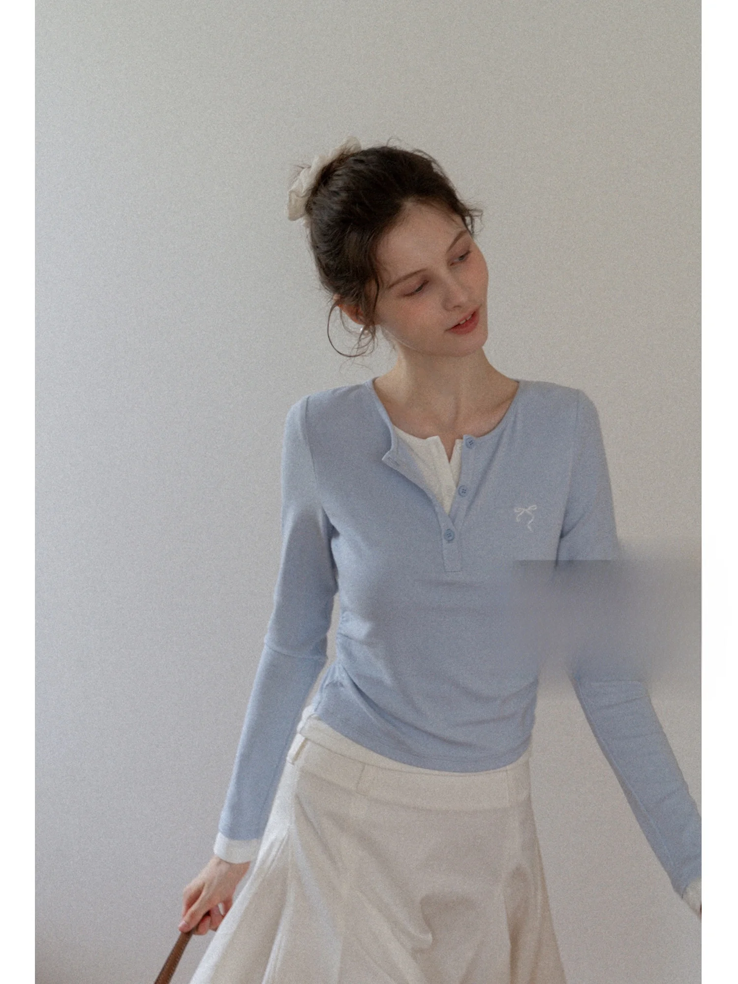 

Футболка Eggka Long Sve с вышитым узлом, женская круглая футболка Ne Slim Fit с высокой талией, повседневный топ с креативным узором